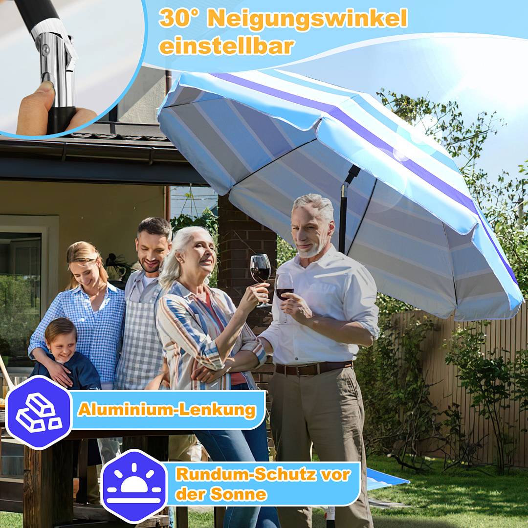 Sonnenschirm Ø210 cm UPF 50+ beidseitig um 30° knickbar aus Stahl mit Kippfunktion höhenverstellbar Strandschirm Balkonschirm Gartenschirm Blau