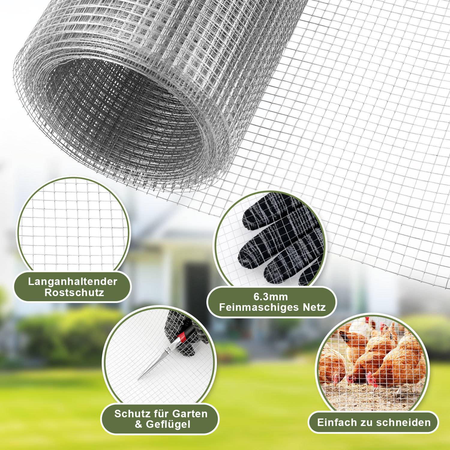 Drahtgitter Verzinkt 6,3 mm Maschenweite 0.5 m Höhe x 10 m Länge Volierendraht Hasendraft Gitterrolle Zaun Drahtzaun Maschendraht Gartenzaun für Ga