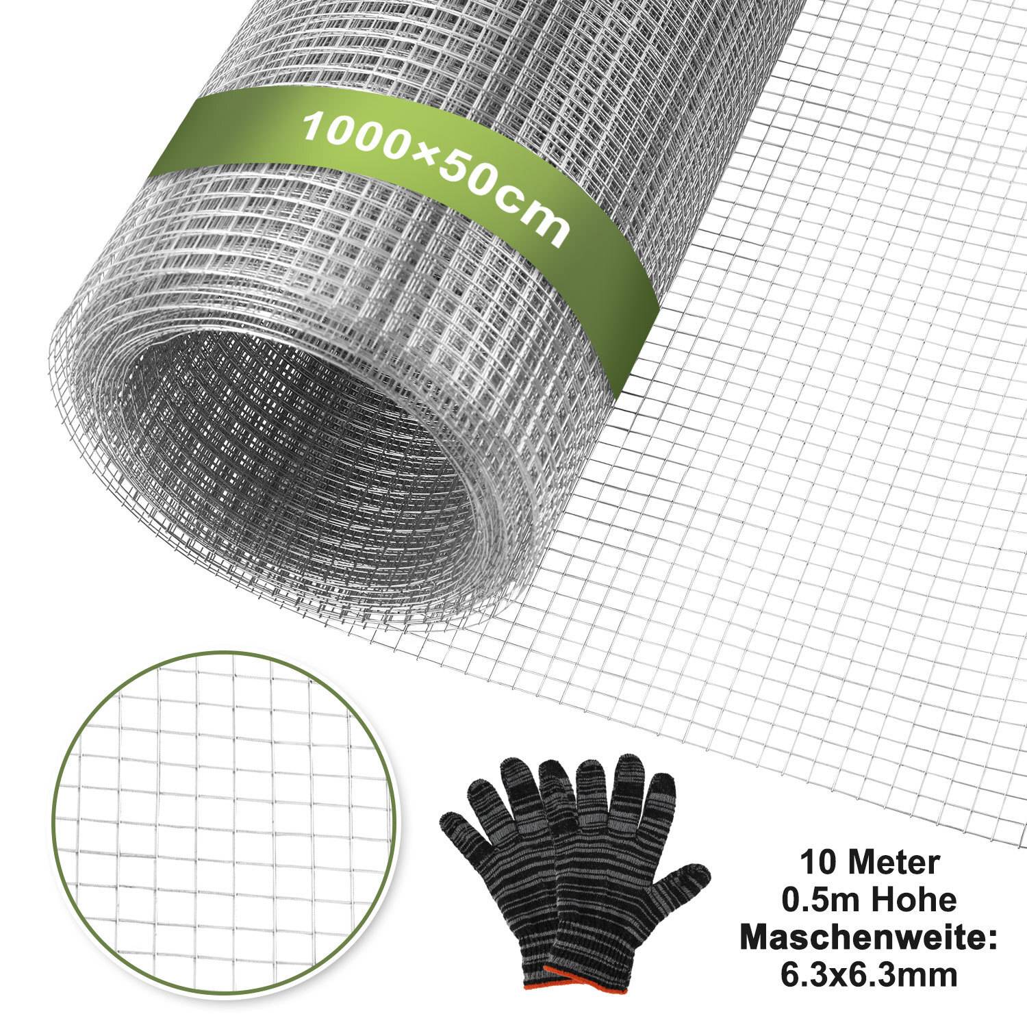 Drahtgitter Verzinkt 6,3 mm Maschenweite 0.5 m Höhe x 10 m Länge Volierendraht Hasendraft Gitterrolle Zaun Drahtzaun Maschendraht Gartenzaun für Ga