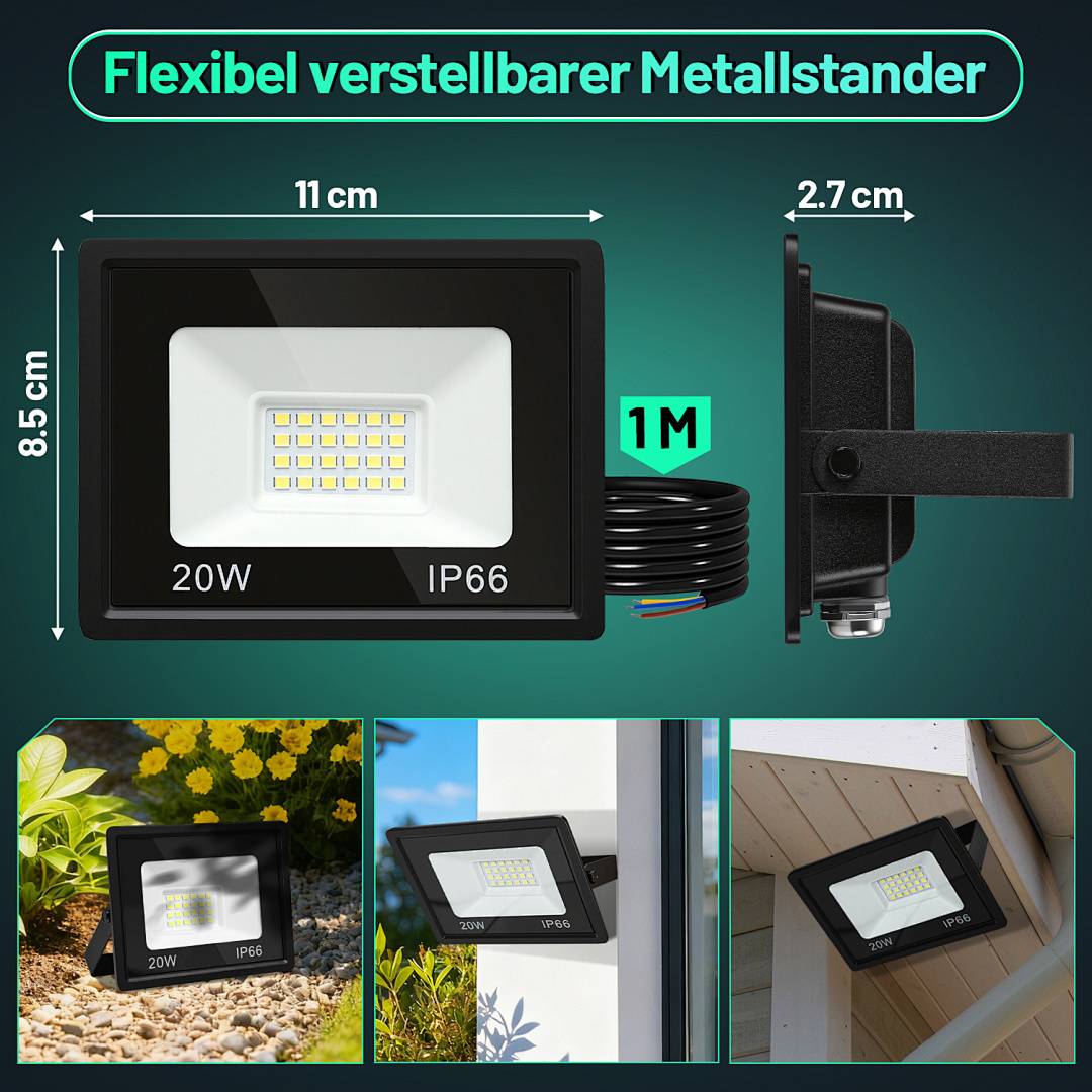 20W LED Strahler Außen Fluter Scheinwerfer IP66 Wasserdicht Außenstrahler für Sportplatz Garage 6000K Kaltweiß Baustrahler