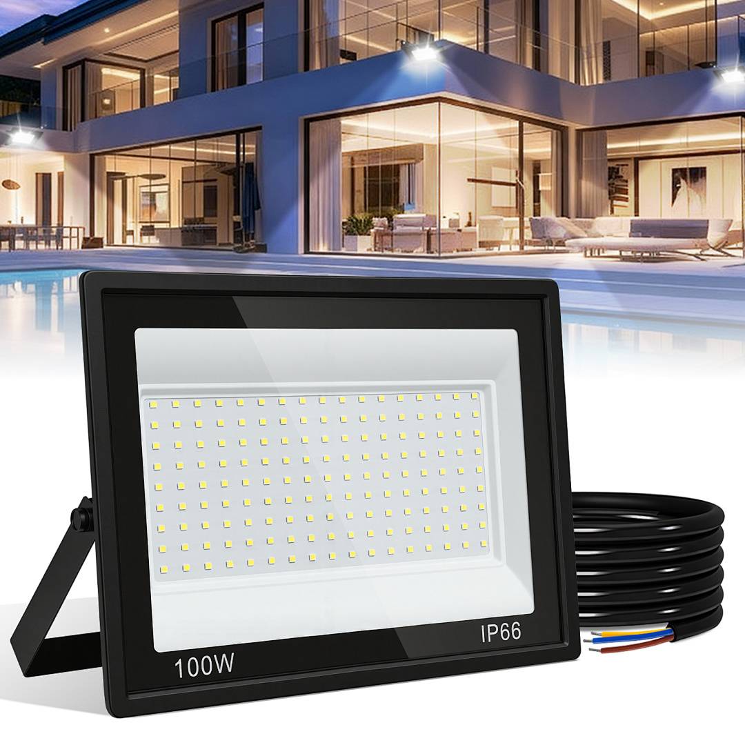 2er 100W LED Strahler Außen Fluter Scheinwerfer IP66 Wasserdicht Außenstrahler für Sportplatz Garage 6000K Kaltweiß Baustrahler