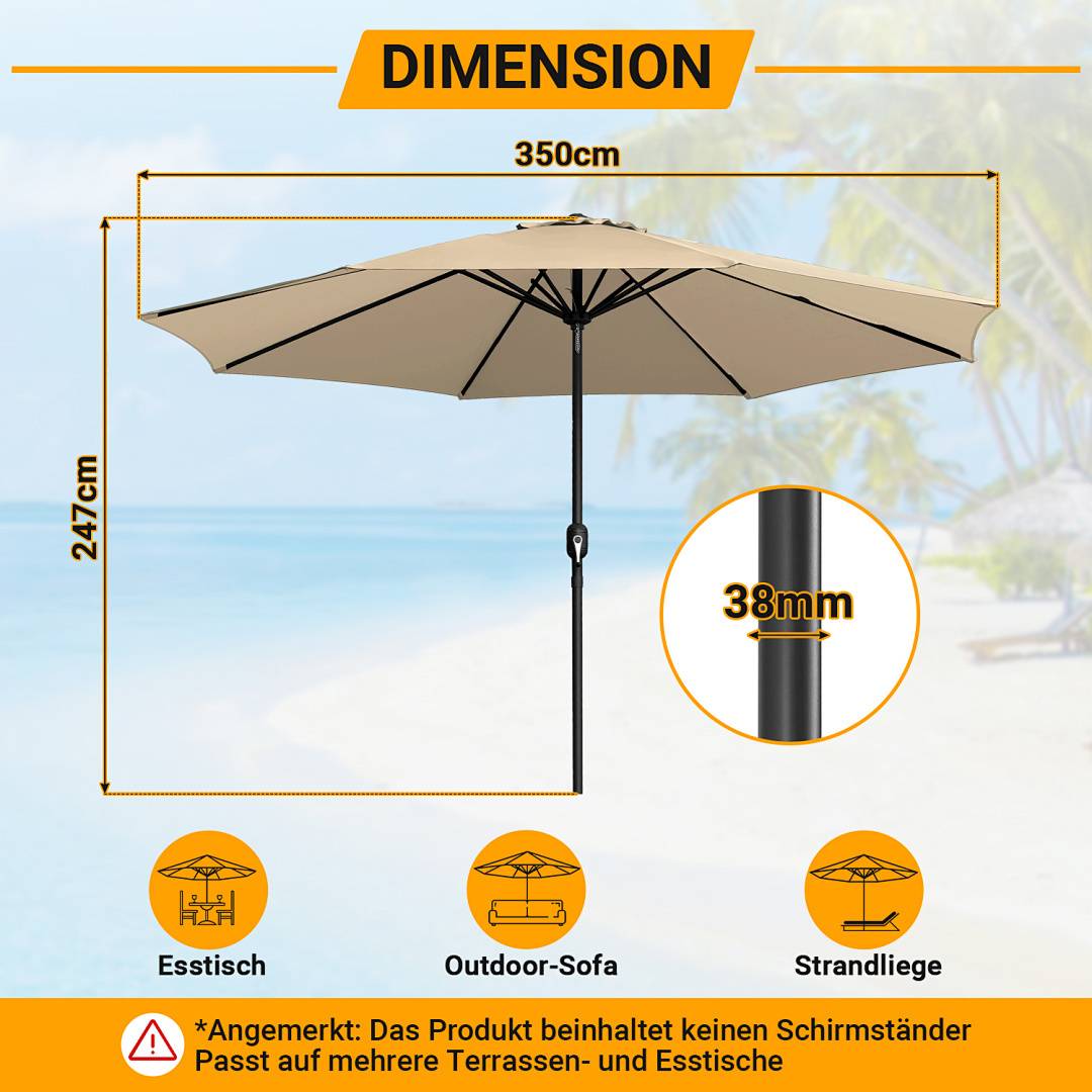 Sonnenschirm Ø350cm, Gartenschirm, ohne knickbar, Schirmtuch mit PA-Beschichtung, UV-Schutz bis UPF 50+, ohne Ständer, Taupe