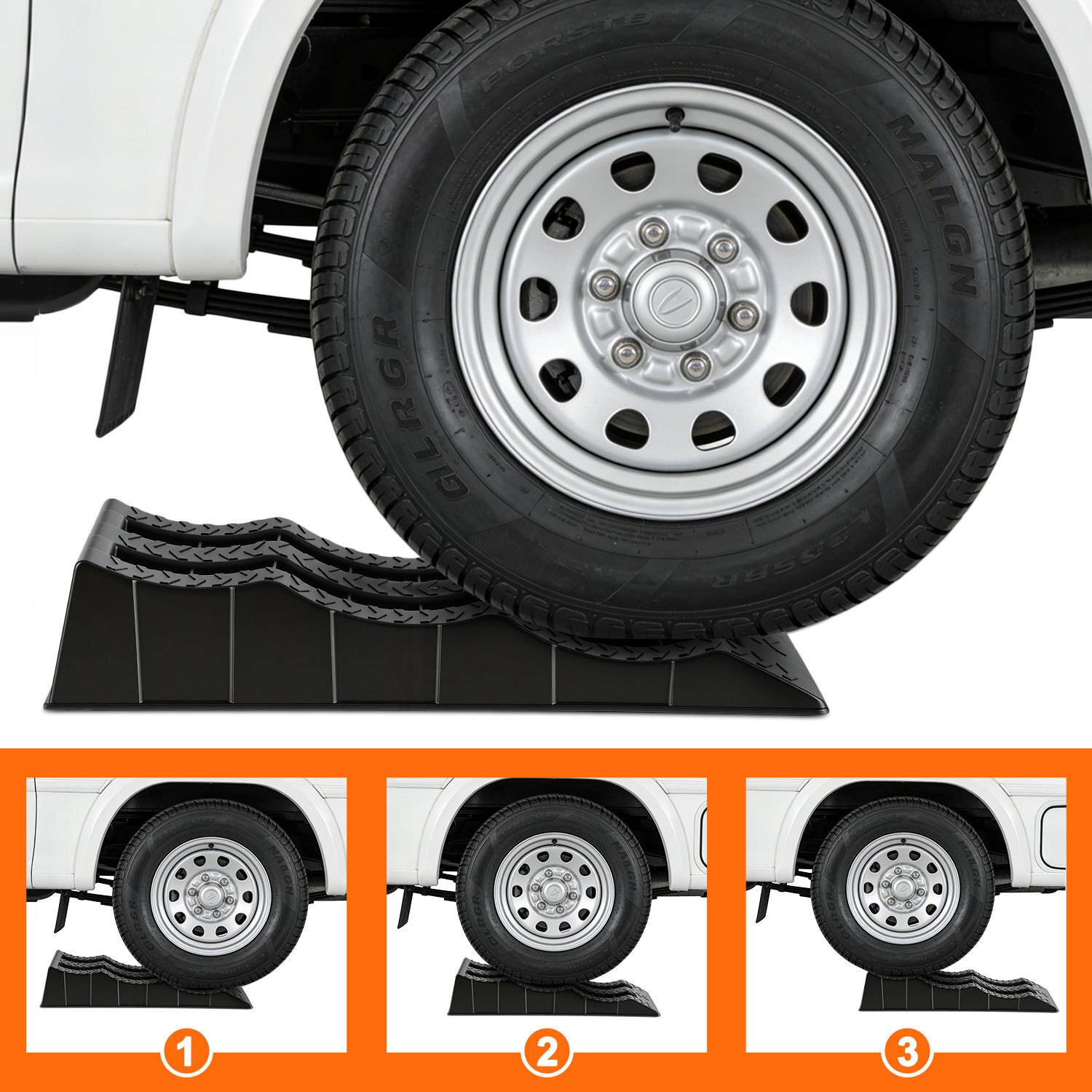 2er Set Auffahrrampe Anhänger mit Griff, Extra Breit Garagenrampen Tragfähigkeit bis 3.5T, rutschfeste Ausgleichskeile für Wohnmobile Wohnwagen Cam