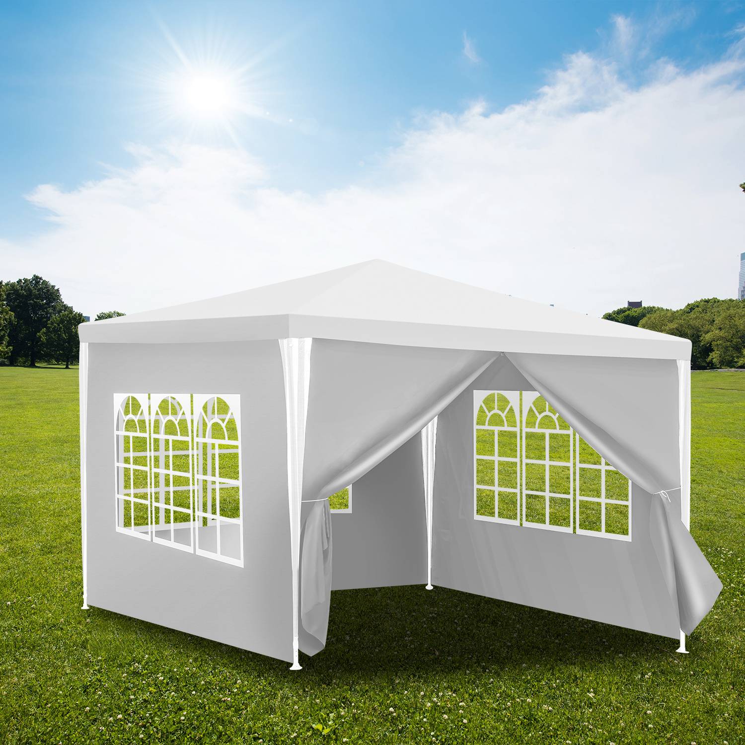 3 x 3 m Garten Pavillon mit 4 Seitenteilen tragbares wasserdichtes Zelt mit Spiralschläuchen, weiß