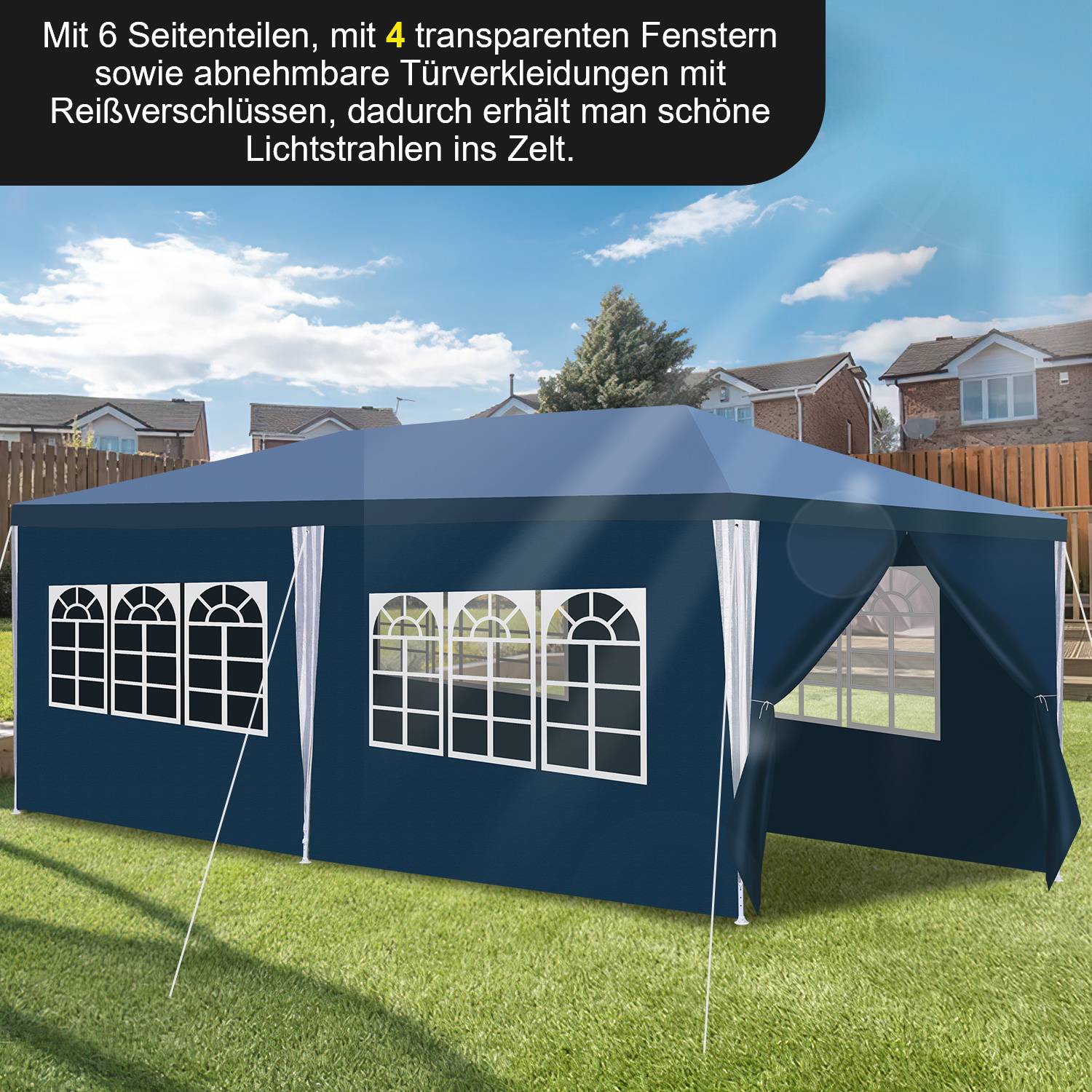 3 x 6 m Garten Pavillon mit 4 Seitenteilen tragbares wasserdichtes Zelt mit Spiralschläuchen, Blau