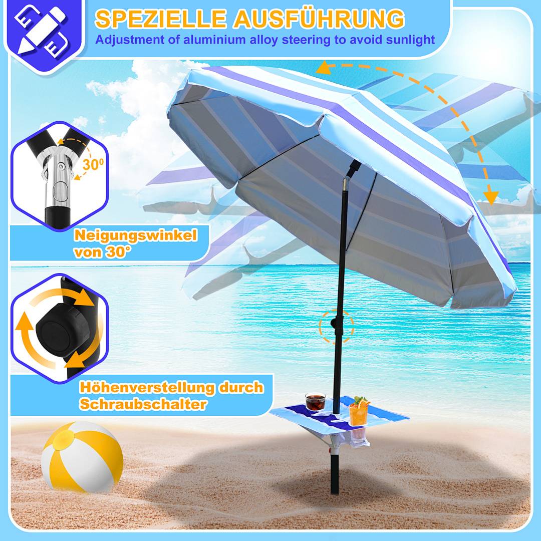 Sonnenschirm Ø210 cm UPF 50+ beidseitig um 30° knickbar aus Stahl mit Kippfunktion höhenverstellbar Strandschirm Balkonschirm Gartenschirm Blau