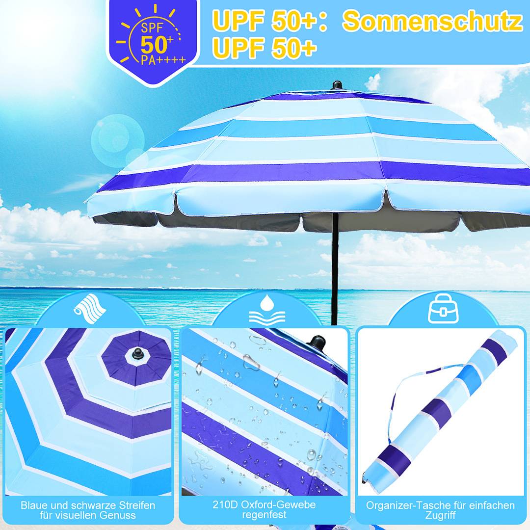 Sonnenschirm Ø210 cm UPF 50+ beidseitig um 30° knickbar aus Stahl mit Kippfunktion höhenverstellbar Strandschirm Balkonschirm Gartenschirm Blau