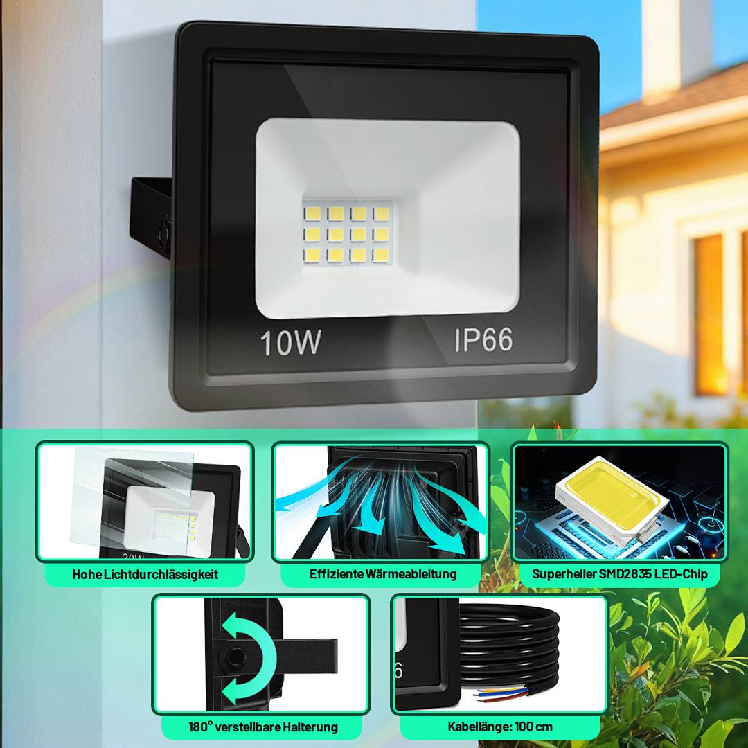 10er 30W LED Strahler Außen Fluter Scheinwerfer IP66 Wasserdicht Außenstrahler für Sportplatz Garage 6000K Kaltweiß Baustrahler