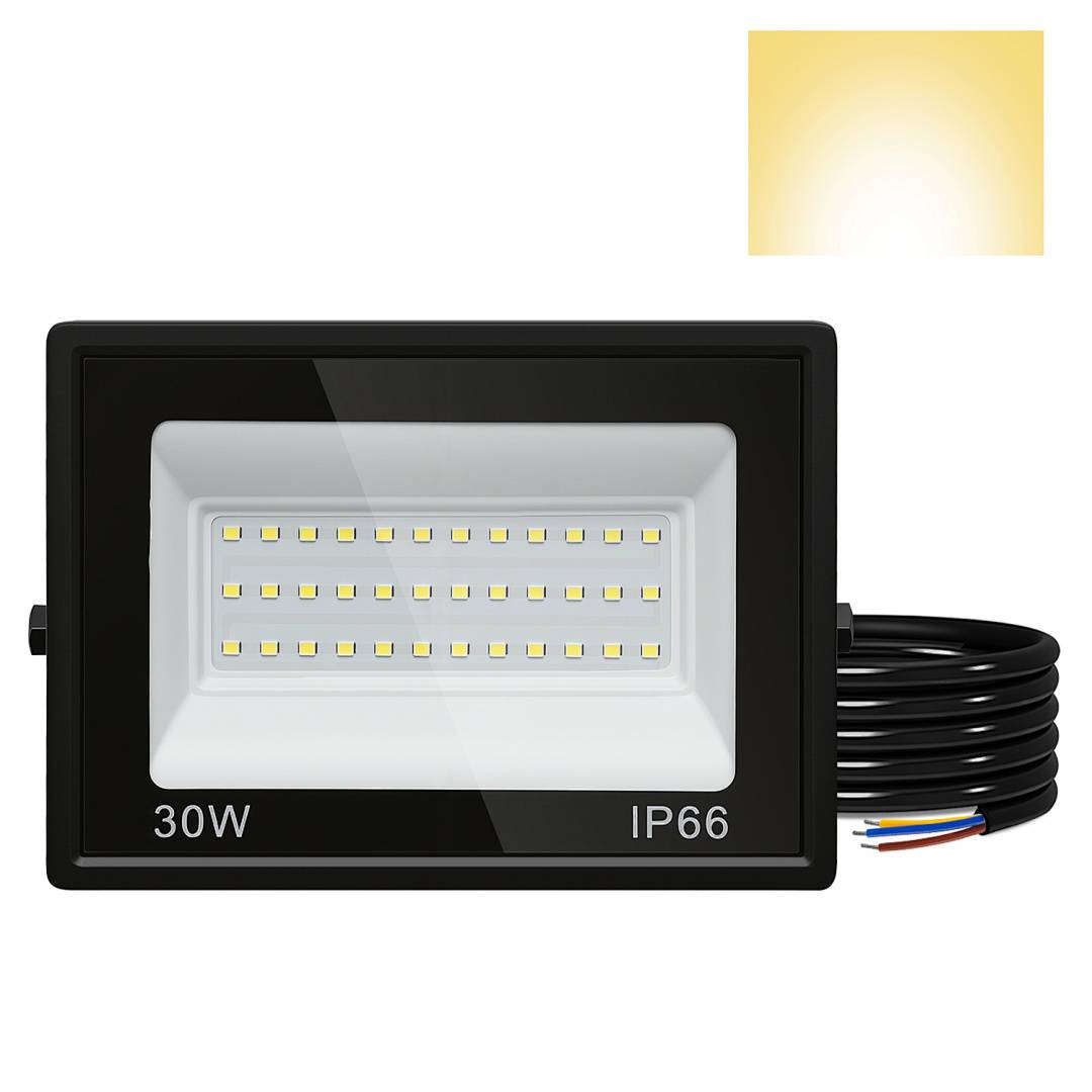 30W LED Strahler Außen Fluter Scheinwerfer IP66 Wasserdicht Außenstrahler für Sportplatz Garage 3000K Warmweiß Baustrahler