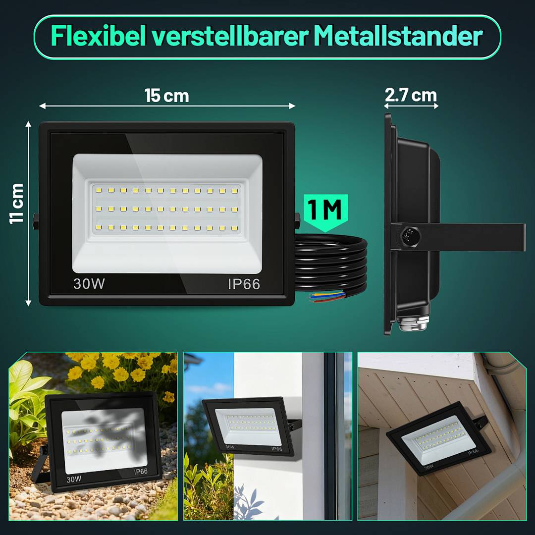 5er 30W LED Strahler Außen Fluter Scheinwerfer IP66 Wasserdicht Außenstrahler für Sportplatz Garage 6000K Kaltweiß Baustrahler