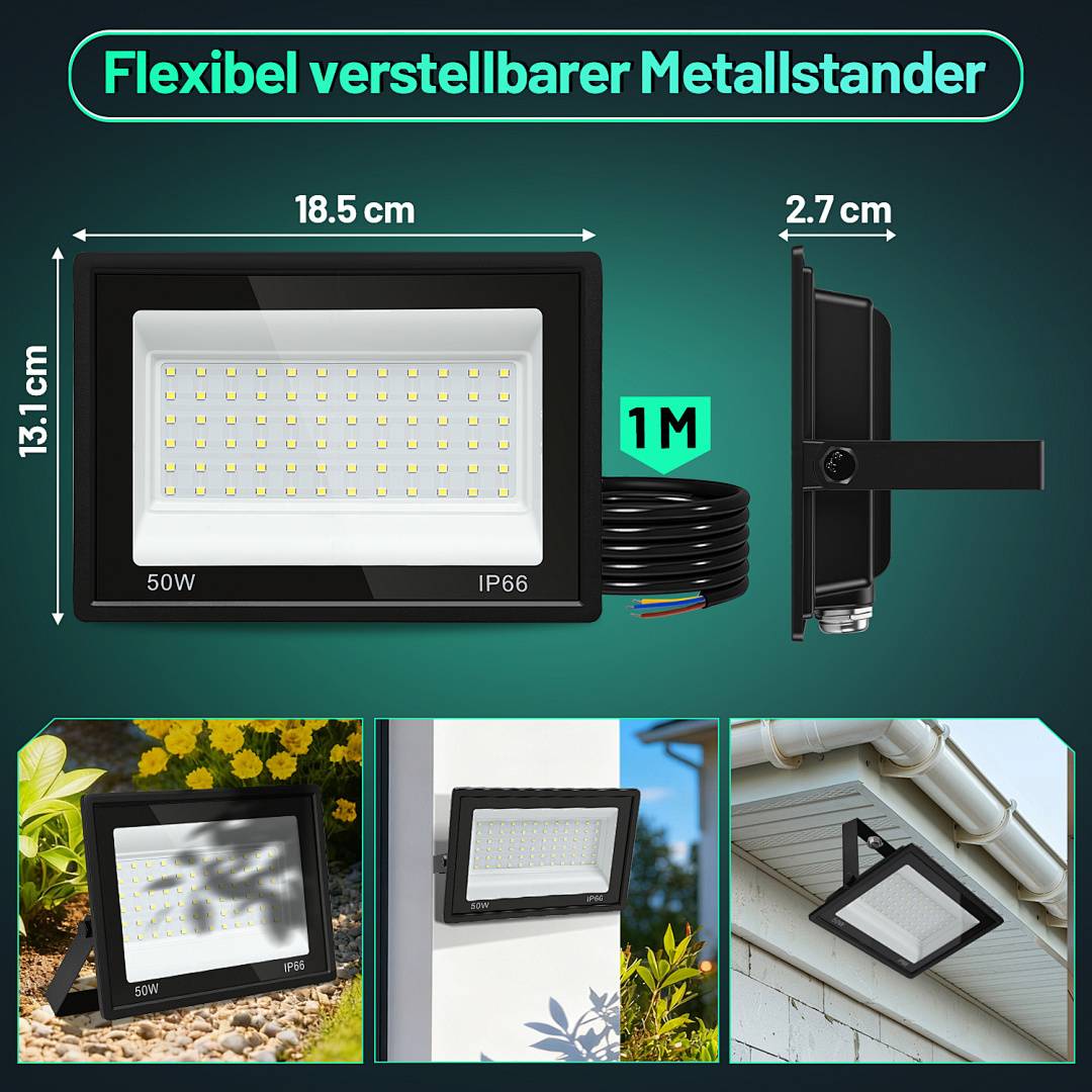 50W LED Strahler Außen Fluter Scheinwerfer IP66 Wasserdicht Außenstrahler für Sportplatz Garage 6000K Kaltweiß Baustrahler
