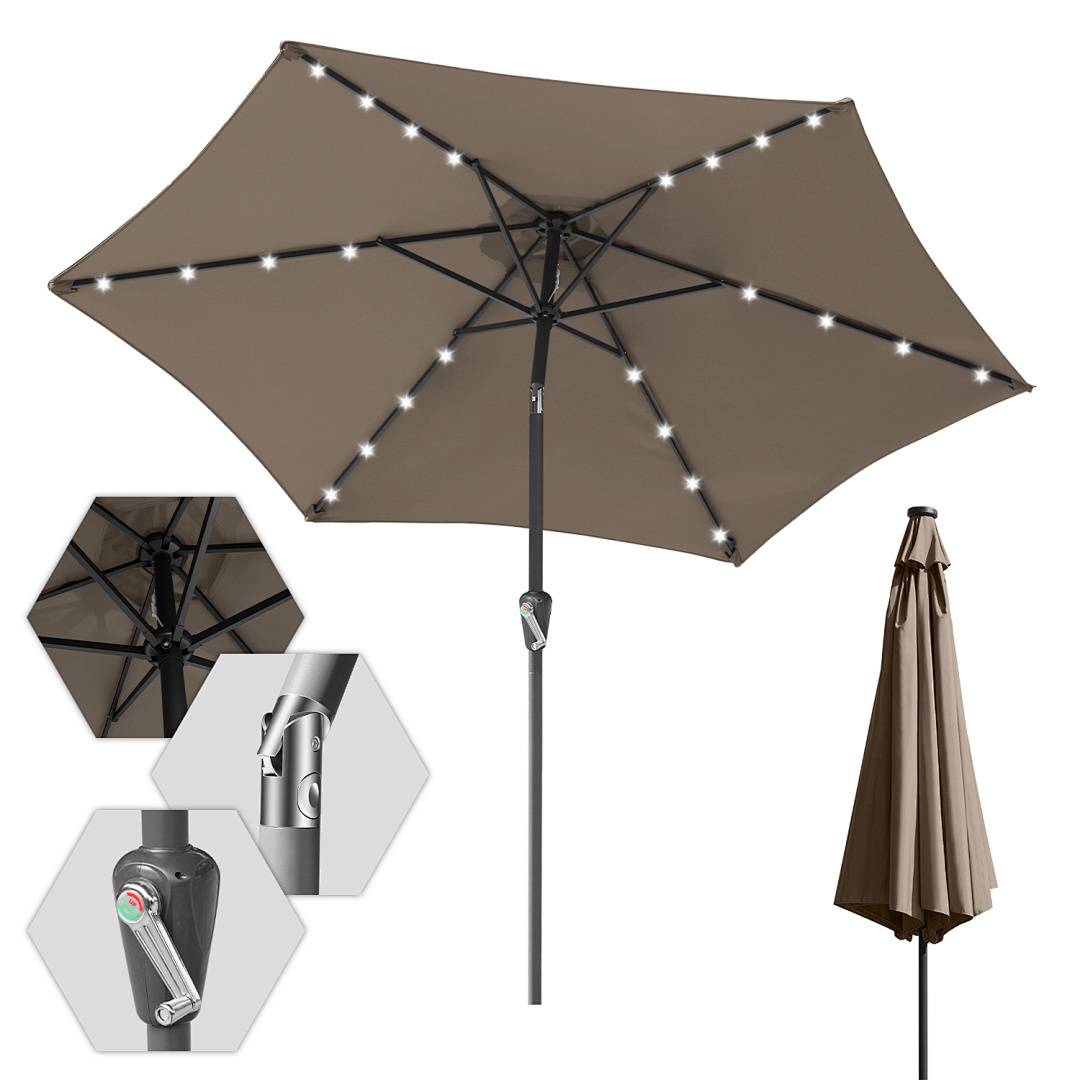 2.7m Sonnenschirm UV50+ Neigbar Sonnenschutz Gartenschirm Strandschirm LED Solar, knickbar, Schirmtuch mit PA-Beschichtung, Taupe