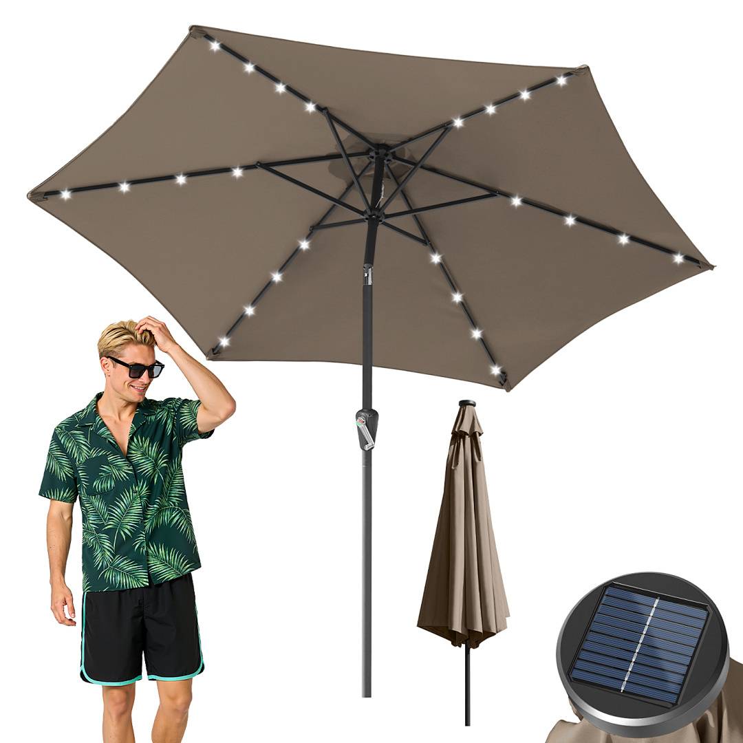 2.7m Sonnenschirm UV50+ Neigbar Sonnenschutz Gartenschirm Strandschirm LED Solar, knickbar, Schirmtuch mit PA-Beschichtung, Taupe