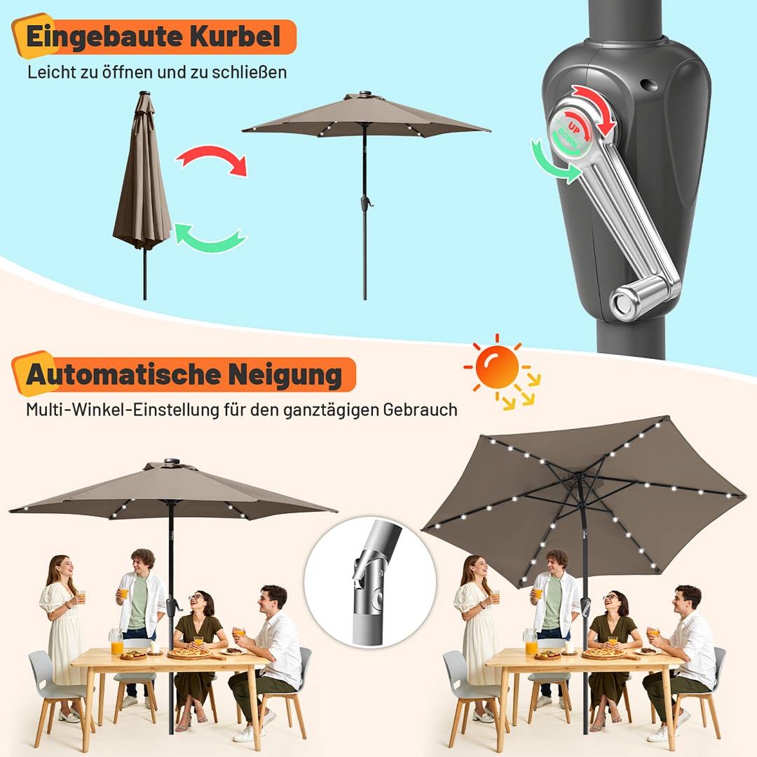 2.7m Sonnenschirm UV50+ Neigbar Sonnenschutz Gartenschirm Strandschirm LED Solar, knickbar, Schirmtuch mit PA-Beschichtung, Taupe