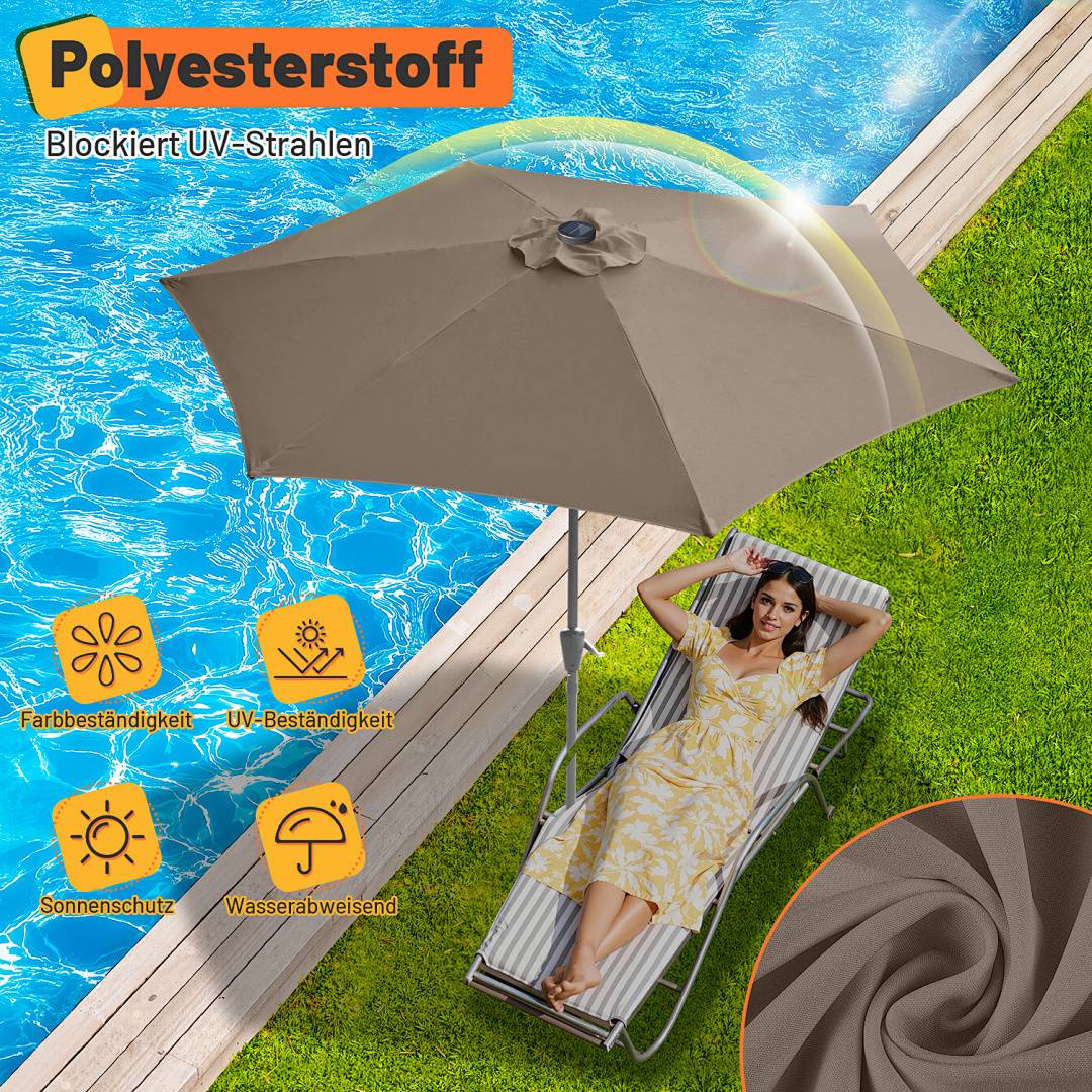 2.7m Sonnenschirm UV50+ Neigbar Sonnenschutz Gartenschirm Strandschirm LED Solar, knickbar, Schirmtuch mit PA-Beschichtung, Taupe