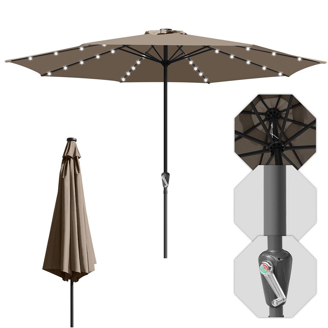 3.5m Sonnenschirm UV50+ Sonnenschutz Gartenschirm Strandschirm LED Solar, ohne knickbar, Schirmtuch mit PA-Beschichtung, Taupe