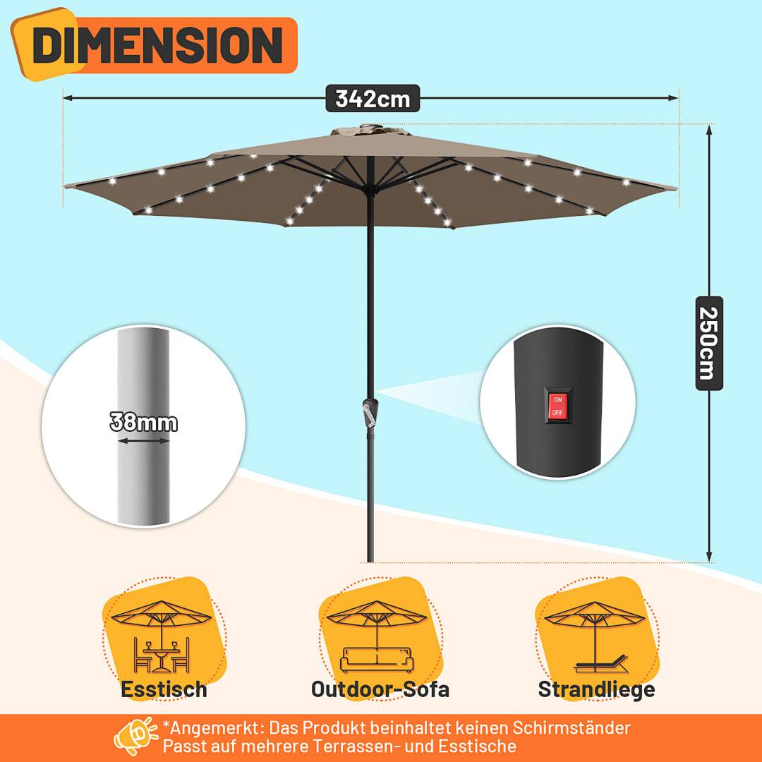 3.5m Sonnenschirm UV50+ Sonnenschutz Gartenschirm Strandschirm LED Solar, ohne knickbar, Schirmtuch mit PA-Beschichtung, Taupe