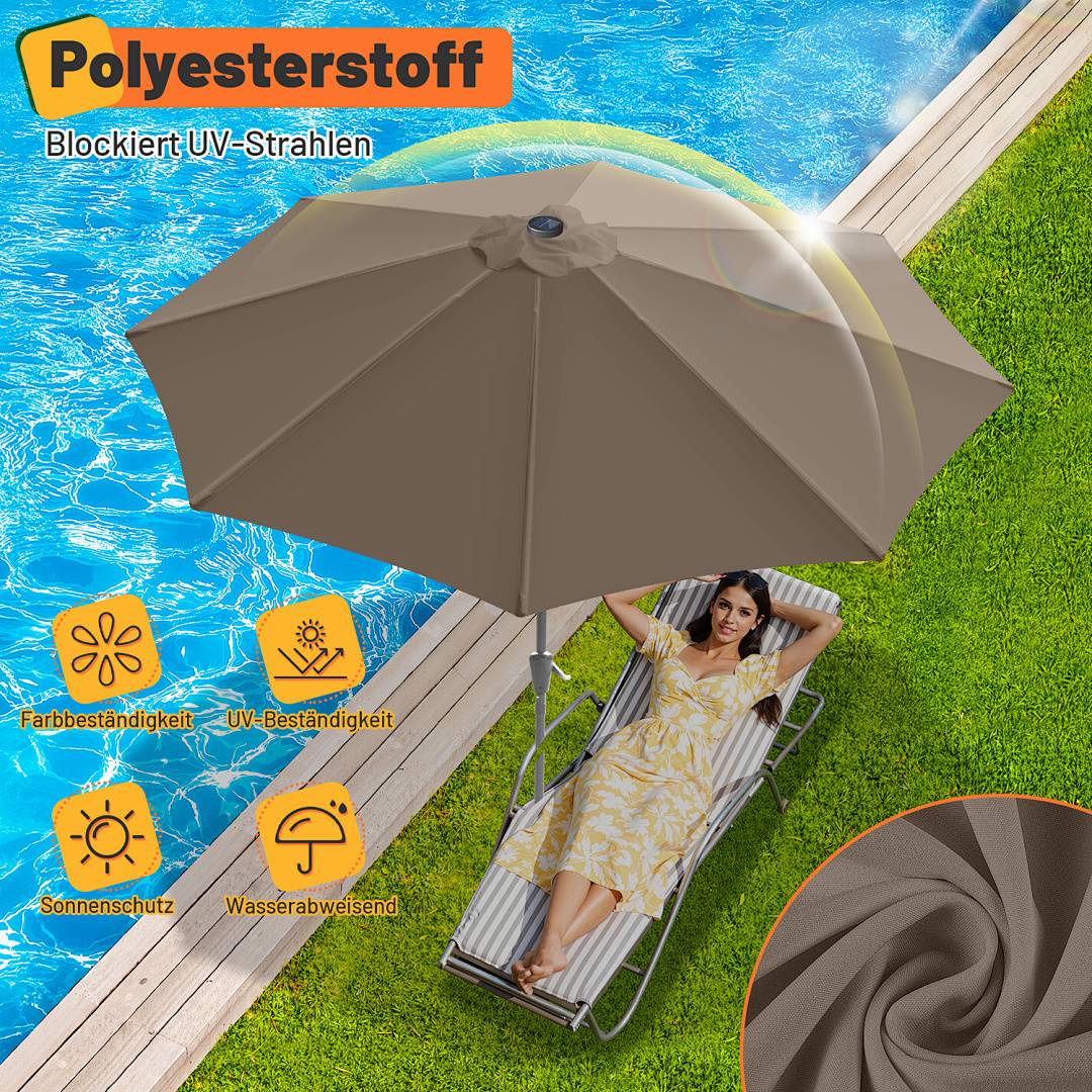 3.5m Sonnenschirm UV50+ Sonnenschutz Gartenschirm Strandschirm LED Solar, ohne knickbar, Schirmtuch mit PA-Beschichtung, Taupe