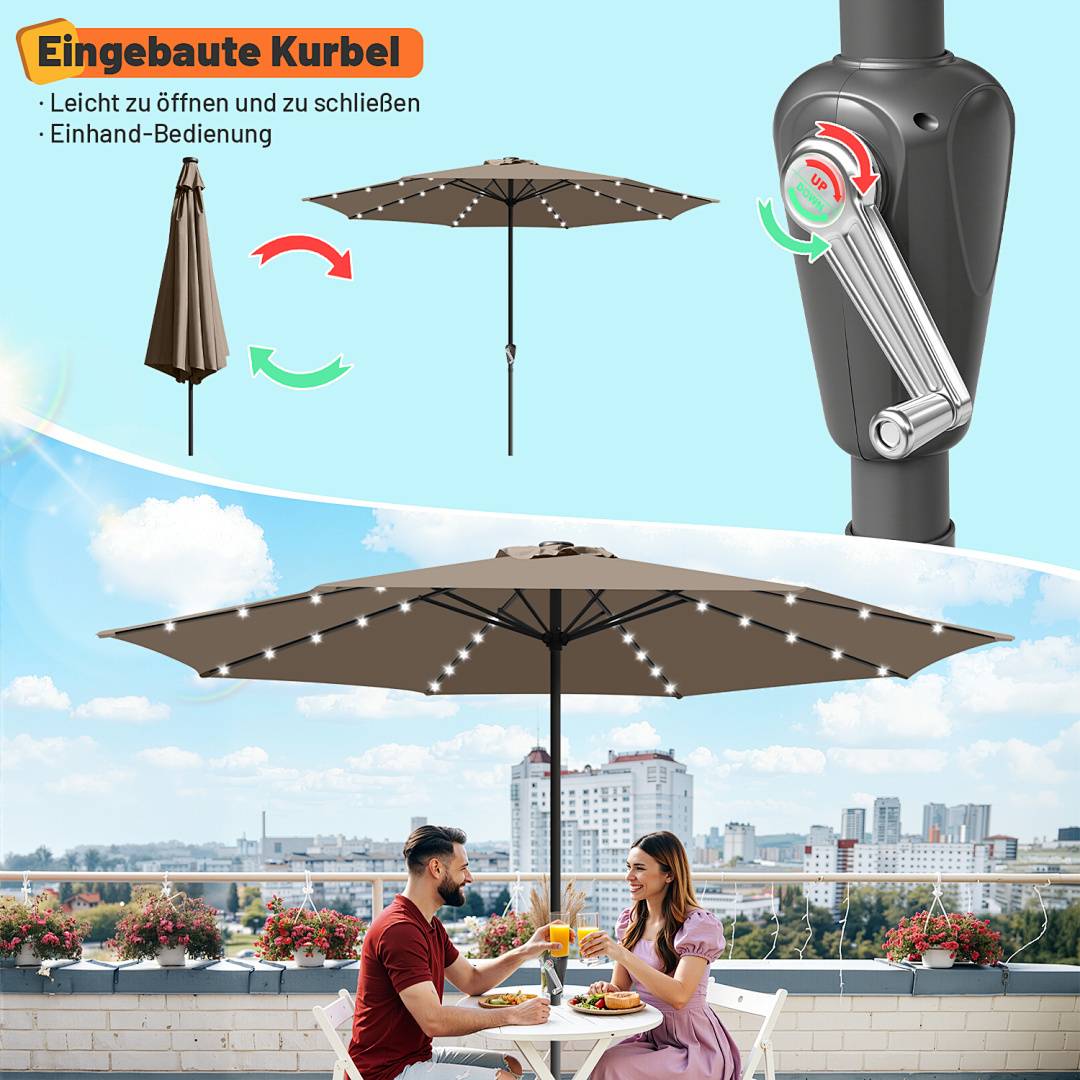 3.5m Sonnenschirm UV50+ Sonnenschutz Gartenschirm Strandschirm LED Solar, ohne knickbar, Schirmtuch mit PA-Beschichtung, Taupe