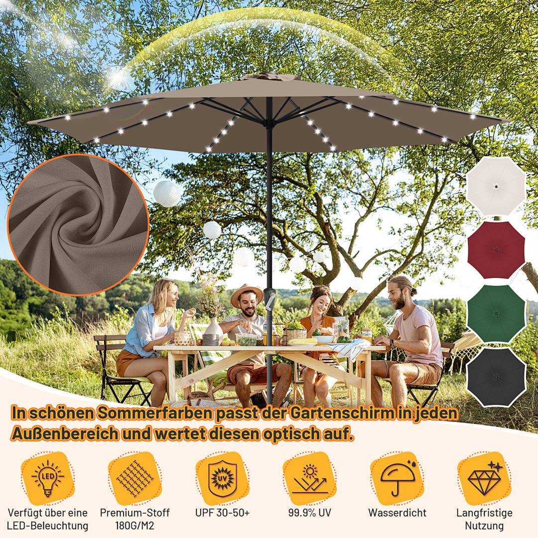 3.5m Sonnenschirm UV50+ Sonnenschutz Gartenschirm Strandschirm LED Solar, ohne knickbar, Schirmtuch mit PA-Beschichtung, Taupe