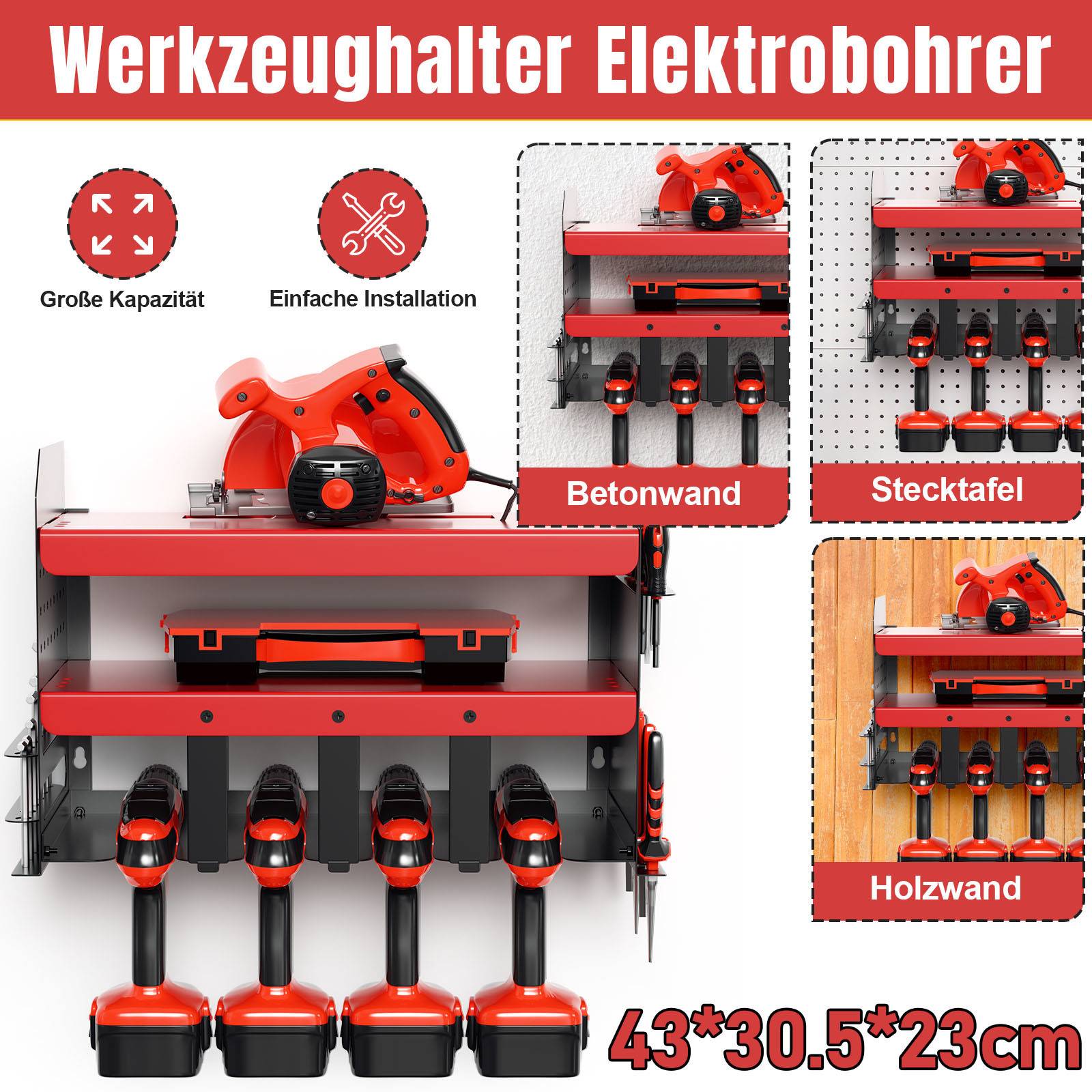 Werkzeughalter,Wandmontiertes Aufbewahrungsregal für Elektrowerkzeuge,Schwarz-rotes Werkzeugregal für die Garage