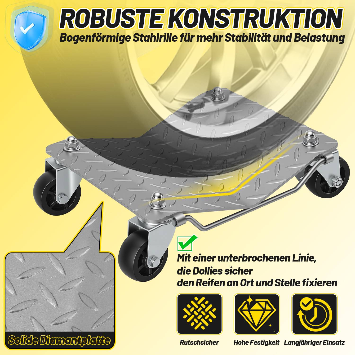 Rangierhilfe 2 Stück mit mit Stahlrollen, Gesamtbelastbarkeit 500kg, Rad Rangierroller Rangierheber Wagenheber für PKW Auto