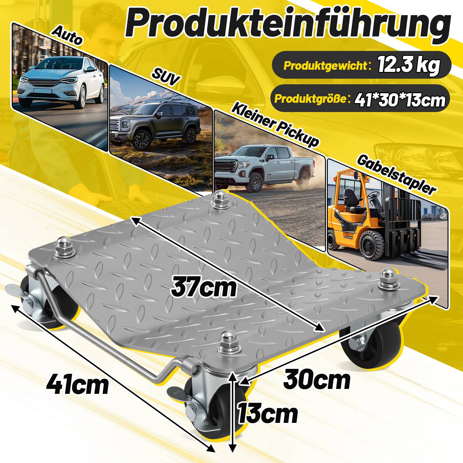 Rangierhilfe 4 Stück mit mit Stahlrollen, Gesamtbelastbarkeit 500kg, Rad Rangierroller Rangierheber Wagenheber für PKW Auto