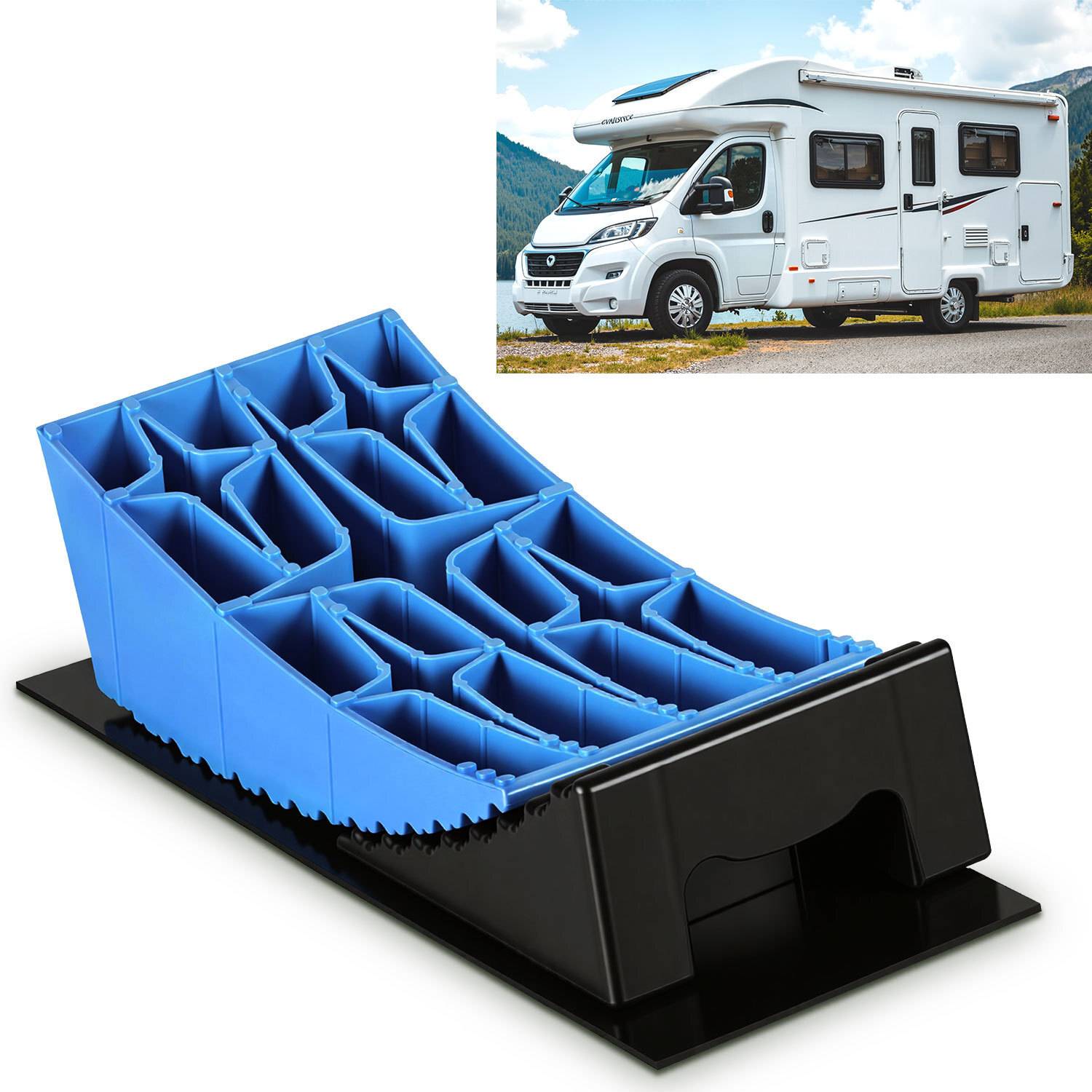 Auffahrkeile Wohnmobil 13,5t Auffahrkeile Set mit 2 quadratischem, 2 Unterlegkeilen, 1 Gummimatte, 1 Wasserwaage für Wohnmobil und Wohnwagen