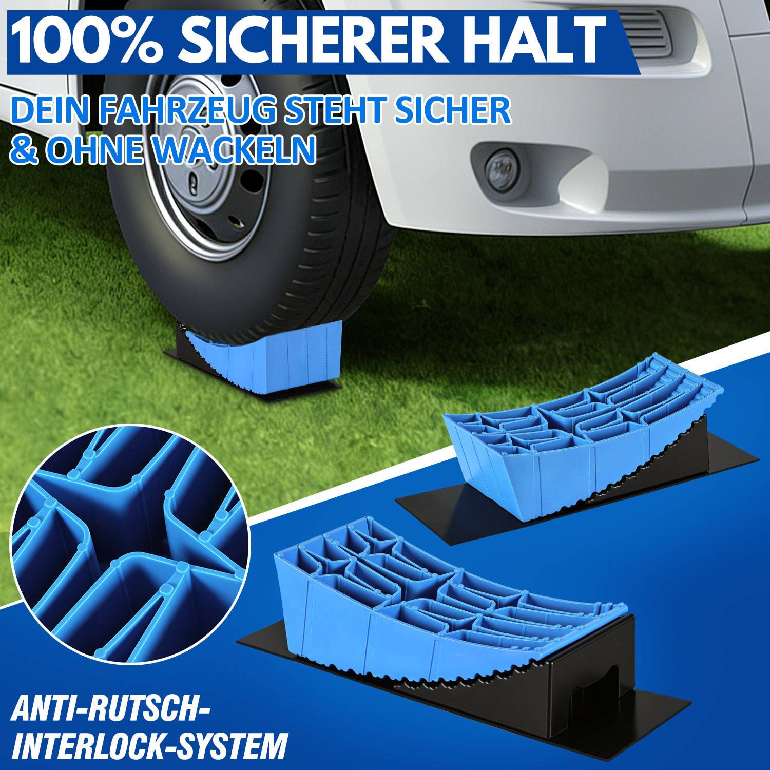 Auffahrkeile Wohnmobil 13,5t Auffahrkeile Set mit 2 quadratischem, 2 Unterlegkeilen, 1 Gummimatte, 1 Wasserwaage für Wohnmobil und Wohnwagen