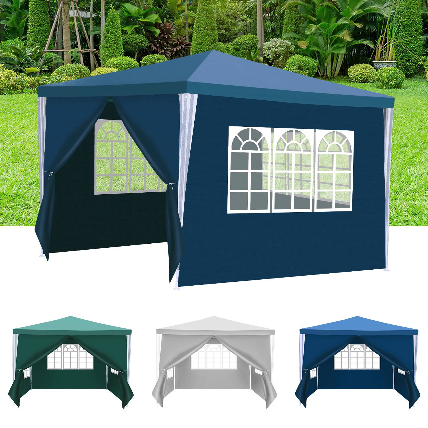 3 x 3 m Garten Pavillon mit 4 Seitenteilen tragbares wasserdichtes Zelt mit Spiralschläuchen, Blau