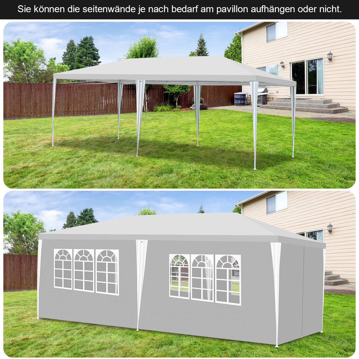 3 x 6 m Garten Pavillon mit 4 Seitenteilen tragbares wasserdichtes Zelt mit Spiralschläuchen, weiß