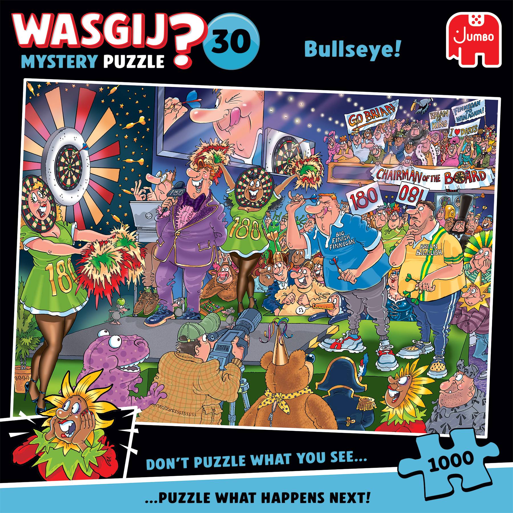 Cartoon-Puzzlecover einer Dartspublikumsszene mit dem Titel „Wasgij Mystery Puzzle 30