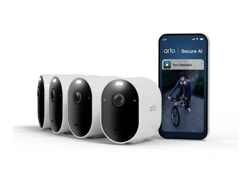 Arlo Secure AI Sicherheitskameras neben einem Smartphone, das eine 
