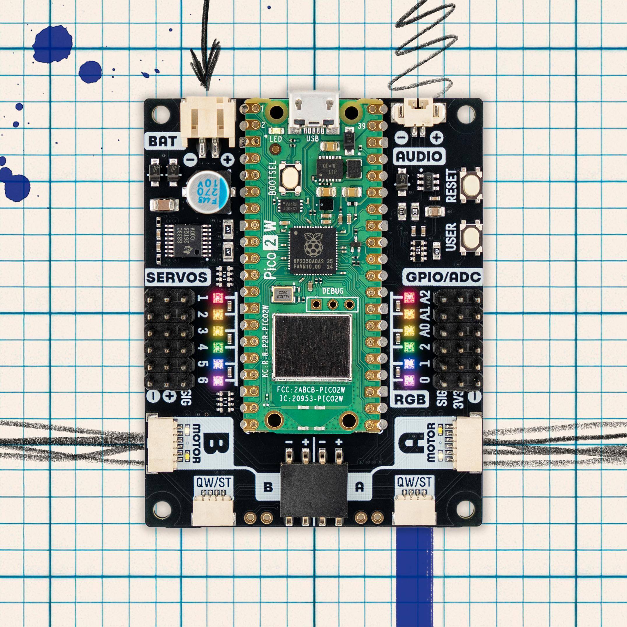 Pimoroni Inventor 2350 W Dev Board Kit, Motorsteuerung, Wi-Fi, BT5.2, 150MHz, 4MB Flash, Pico 2 W