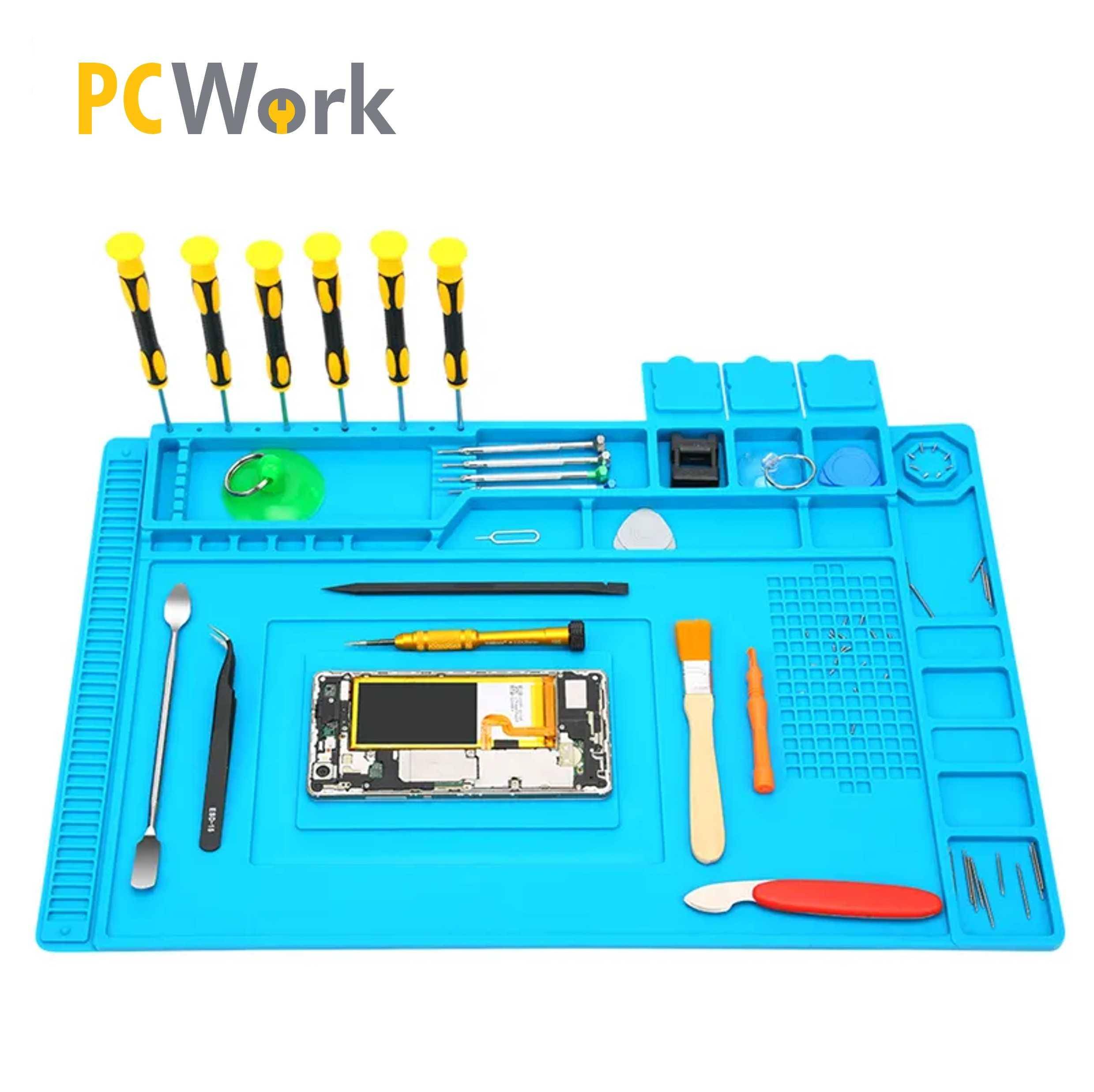PCWork Silikon Lötmatte, 450x300mm, mit Werkzeughalterung, 4 Magnetzonen und 3 Klappfächern