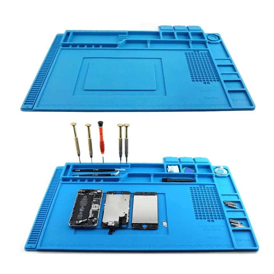 PCWork Silikon Lötmatte, 450x300mm, mit Werkzeughalterung, 4 Magnetzonen und 3 Klappfächern