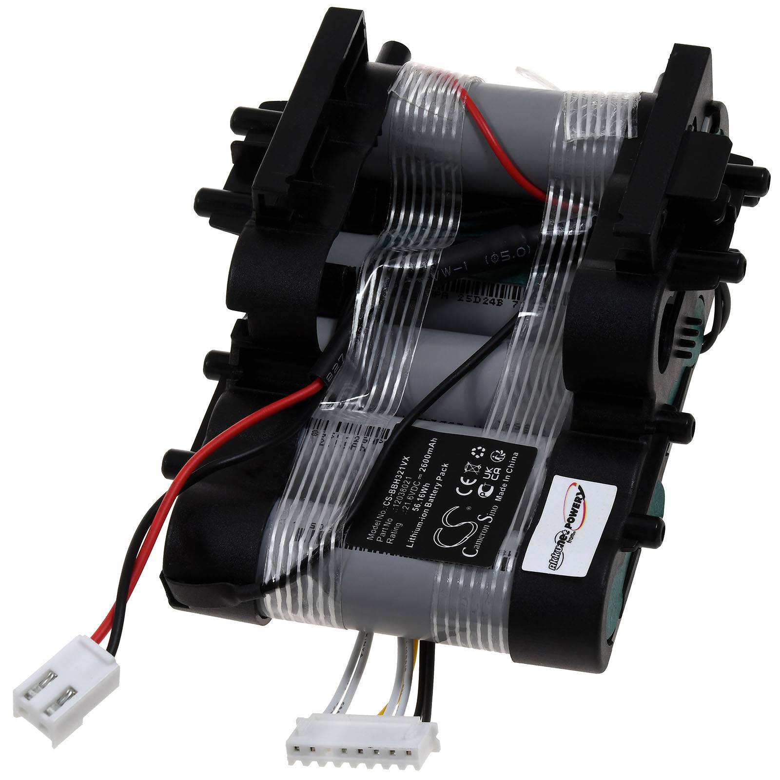 Ein schwarzes und silbernes Batteriepak mit mehreren zylindrischen Zellen, die durch Drähte verbunden sind, und einem weißen Steckverbinder, der zur Stromversorgung verwendet wird.