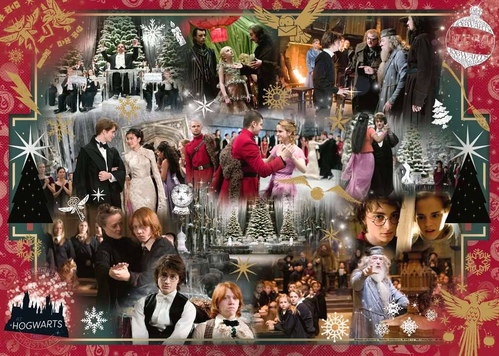 Collage von Harry-Potter-Szenen in Hogwarts, das Schüler und Erwachsene in formellen und dramatischen Momenten zeigt, mit einer festlichen Weihnachtsbordüre und Schneeflocken.
