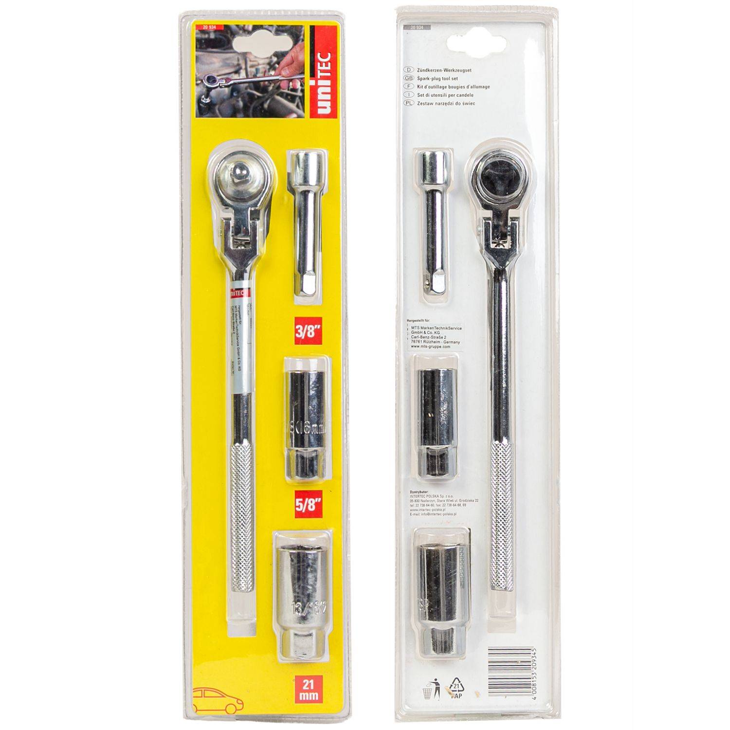 Werkzeugsatzpaket mit einer Ratschenschlüssel mit Steckadaptern und Stecknüssen in den Größen 3/8, 5/8 und 21 mm.
