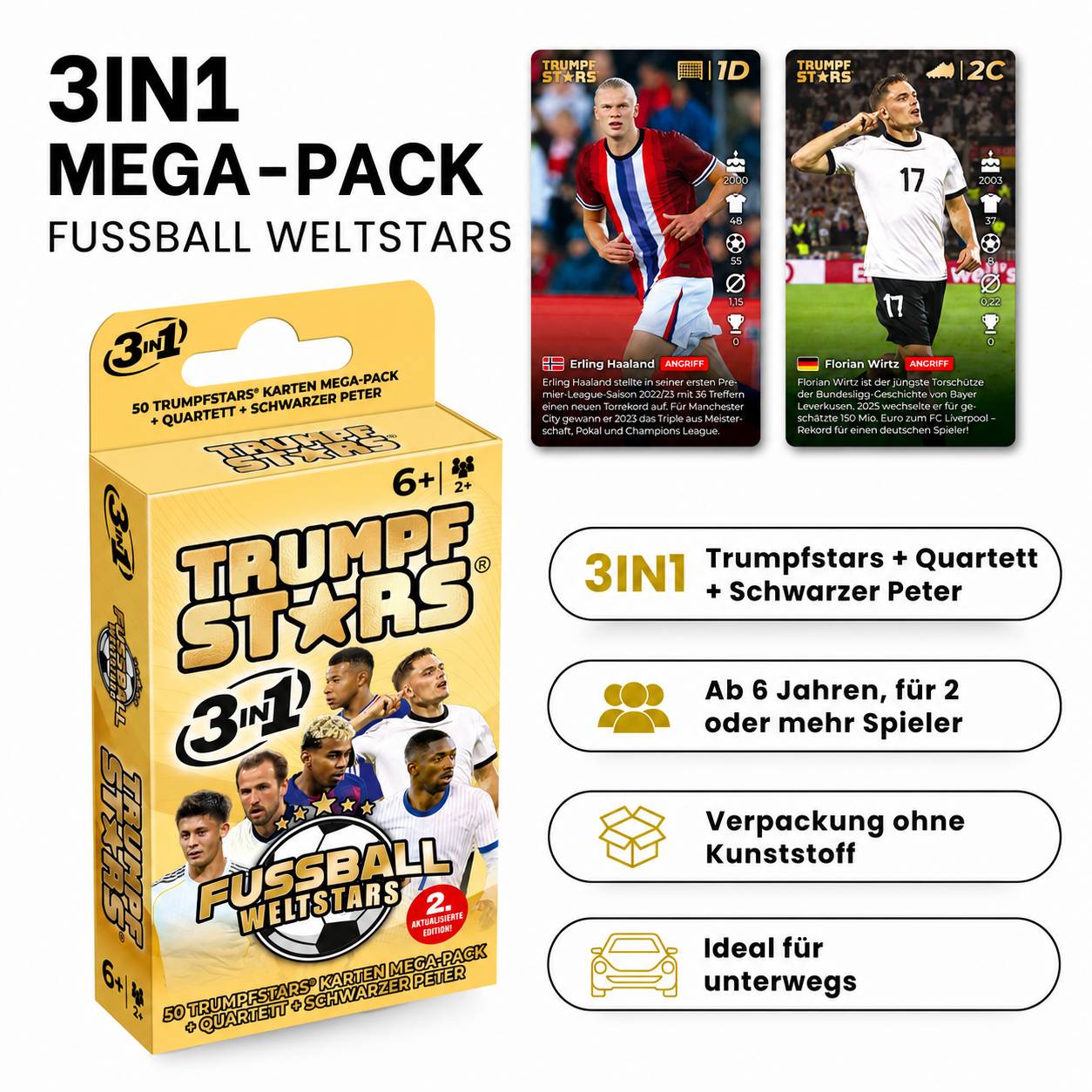 Trumpf Stars 3-in-1 Mega-Pack Fußballkartenset mit 50 Karten plus Quartett und Schwarzer Peter, für Kinder ab 6 Jahren, gezeigt mit Beispielspielerkarten und reisefreundlicher Verpackung.