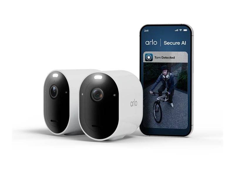 Arlo Secure AI-Sicherheitskameras und ein Telefon mit der Anzeige „Tom erkannt
