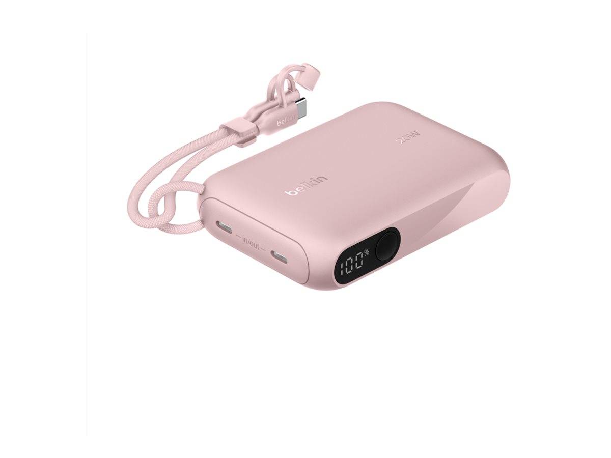 Rosa tragbare Powerbank mit angebautem USB-C-Kabel und digitalem Batterieanzeige-Display