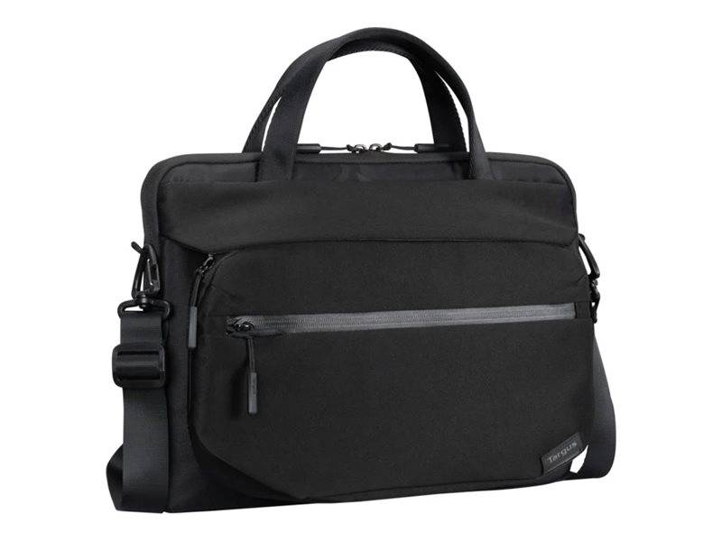 Schwarze Laptop-Aktentasche mit Doppelgriffen, abnehmbarem Schultergurt und vorderer Reißverschlusstasche auf weißem Hintergrund.