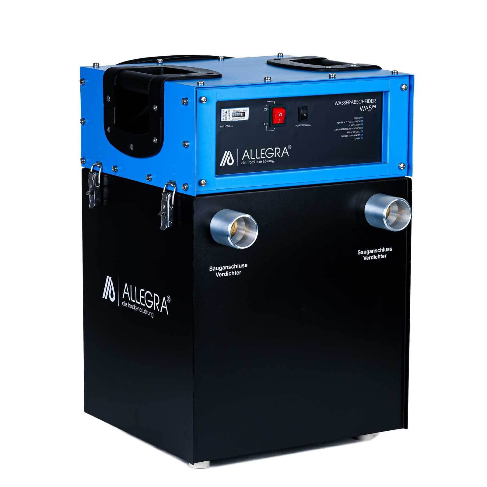 Blau-schwarze ALLEGRA Industrialsauganlage mit zwei silbernen Schlauchverbindern und gekennzeichnetem Bedienfeld an der Vorderseite.