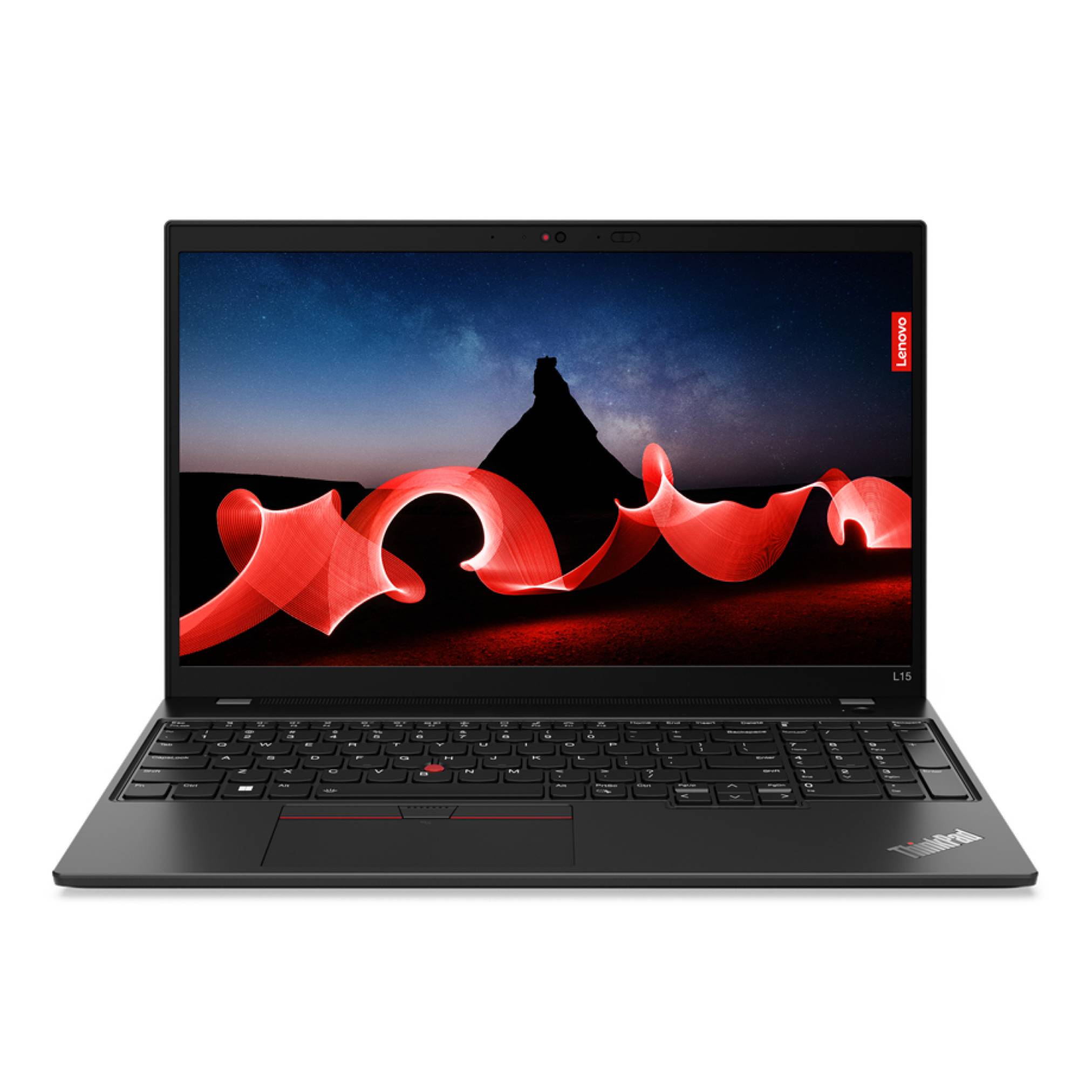 Schwarzer Lenovo ThinkPad-Laptop, der auf weißem Hintergrund offen ist und einen roten abstrakten Lichtspur und eine dunkle Bergsilhouette auf dem Bildschirm anzeigt.
