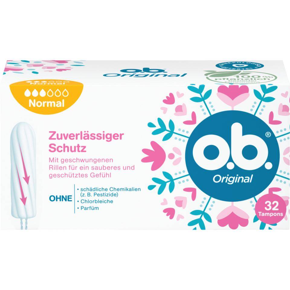 o.b.® Tampons normal, zuverlässiger Schutz, Wattefasern, 32/Pack, 7 Packungen/VE