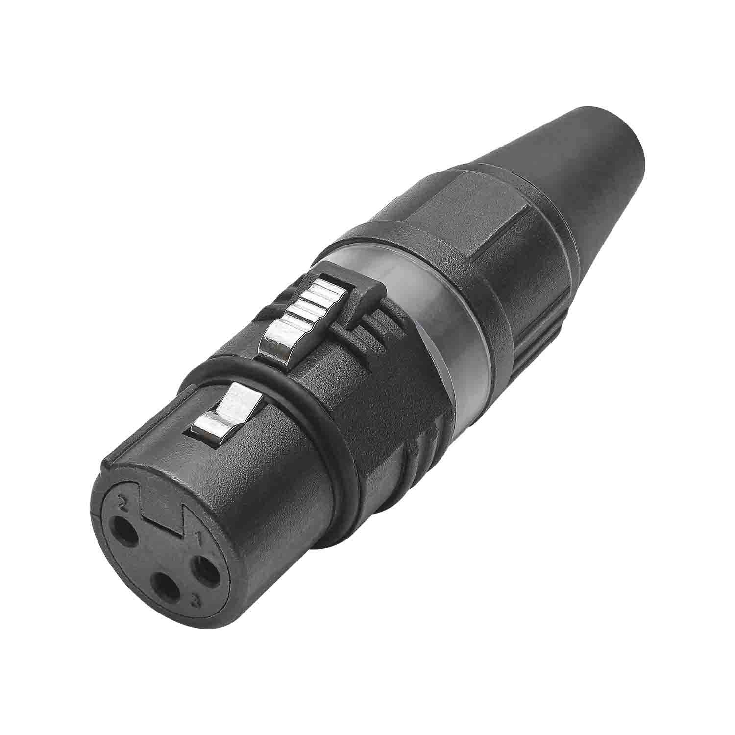 HICON XLR PRO+, 3-pol female, versilberte Kontakte, Metallgehäuse schwarz, Metallkappe schwarz, 6-Backen-Spannzangen-Zugentlastung