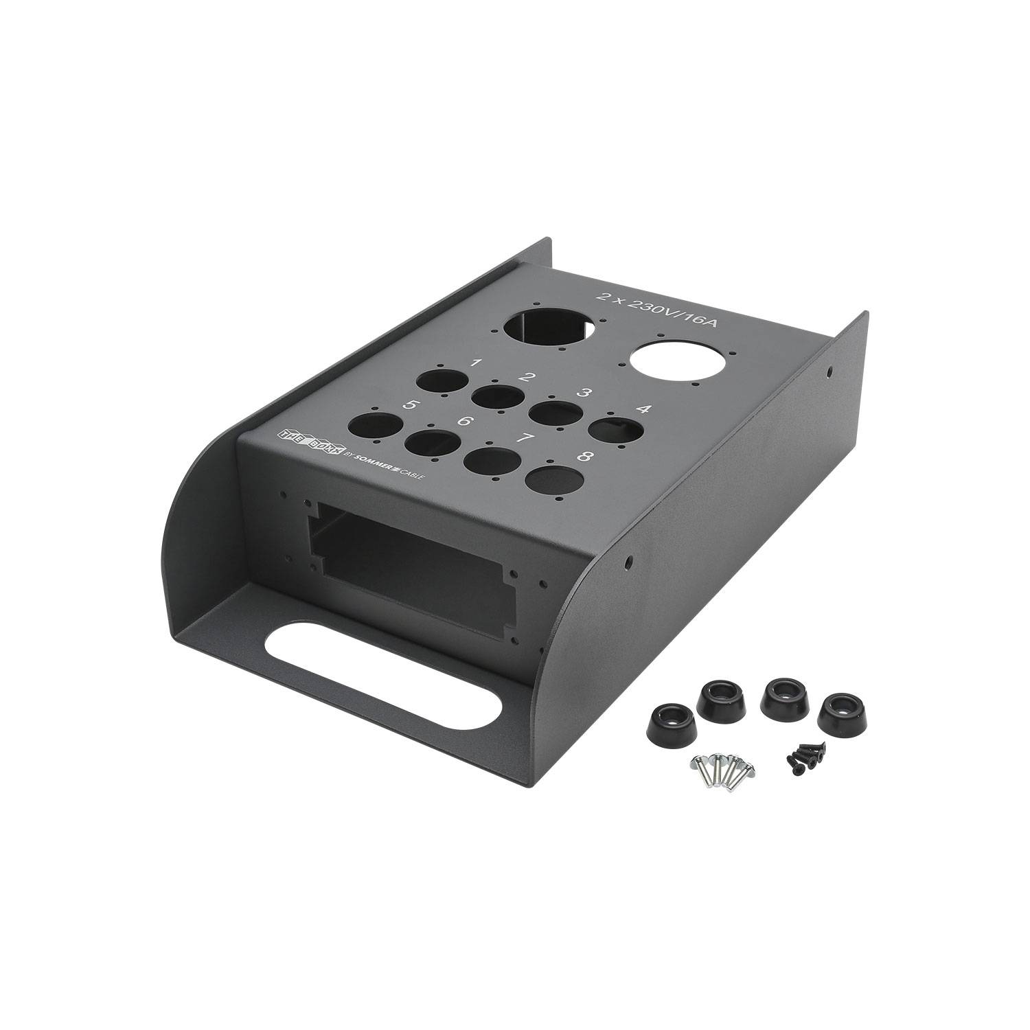 SOMMER CABLE Stagebox-Leergehäuse, THE BOXX, 2 x Schuko / 8 x Typ-D / Seitlich: 2 x Multipin-Stanzung 16/24er / Innen: 5 x M3 Gewinde für PE, 2 mm