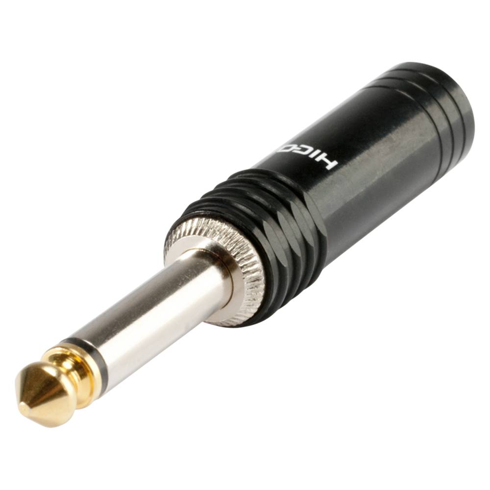 HICON Klinke (6,3mm) 2-pol Metall-Löttechnik-Stecker, Pin vernickelt mit Goldtip, gerade, schwarz
