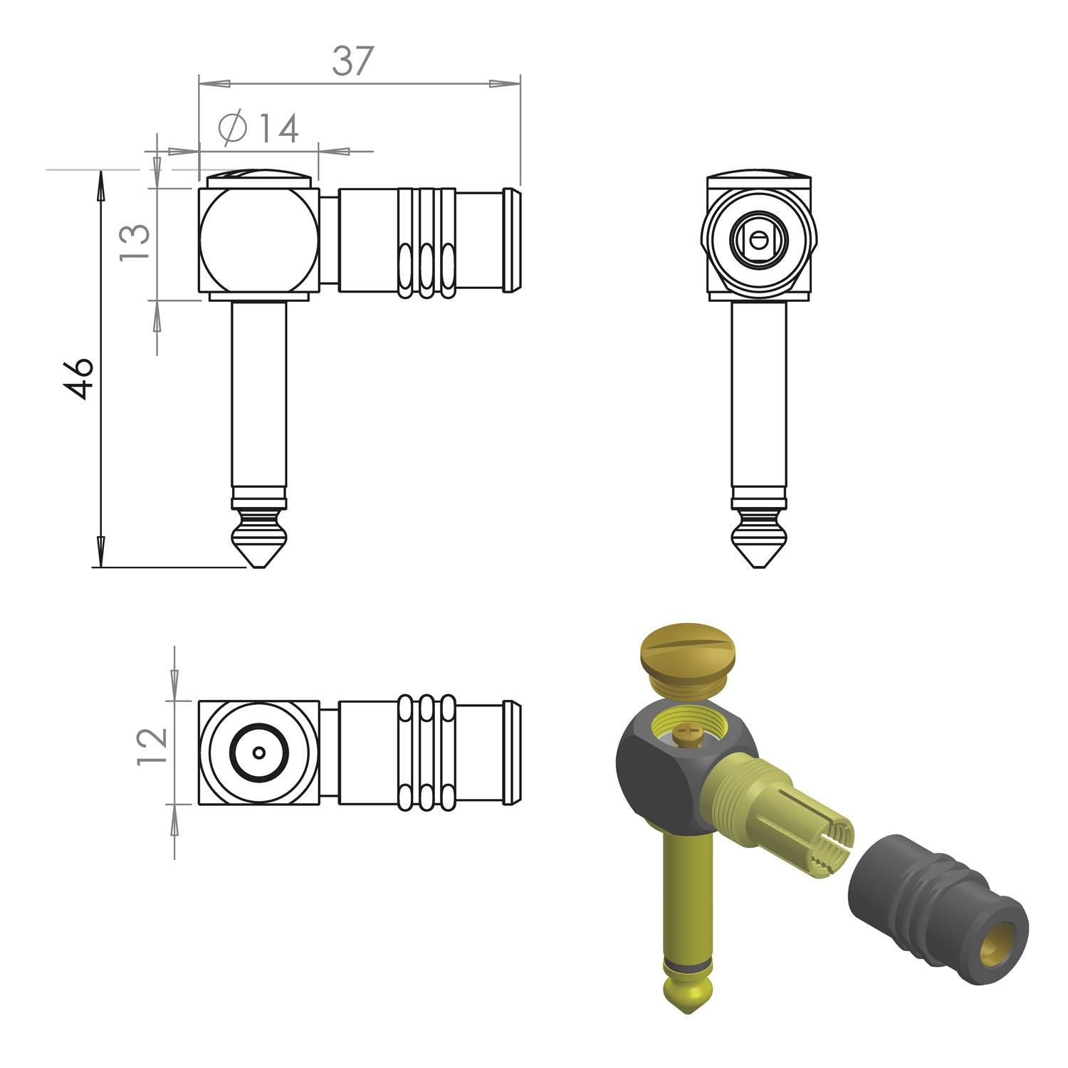 HICON Klinke (6,3mm) screw & play Metall-Schraubkontakt-Stecker, Pin Massivpin mit Goldtip, abgewinkelt 90°, schwarz